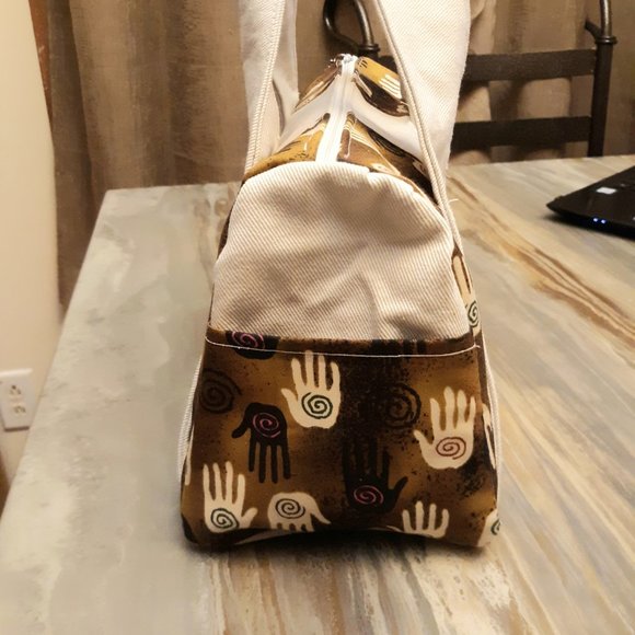 Hamsa Hands Boho vibe Purse Double handle Brown Pink print Ivory denim 12x8x5" - Picture 6 of 8